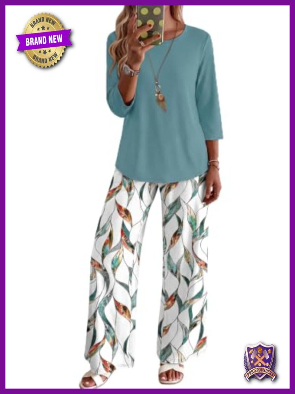 Two Piece Lounge Set 3/4 Sleeve Top & Printed Pants with Pockets